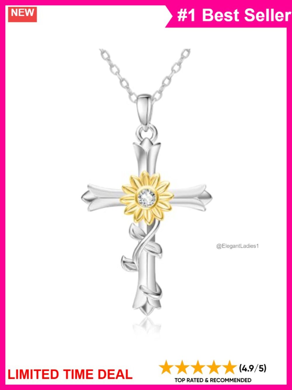 14K Gold Plated Cross Necklace Sunflower Pendant Adjustable Chain